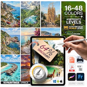 Malen-nach-Zahlen-Set mit Urlaubszielen | 10 Orte | SVG-, PDF- und PNG-Unterstützung | Amalfi, Bali, Mykonos, Dubrovnik, Malediven – Digitaler Download