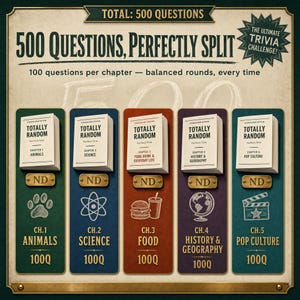 May include: A trivia game set titled 500 Questions, Perfectly Split, featuring five vertical panels in green, blue, red, purple, and teal. Each panel displays a book icon labeled Totally Random, a brass ND plaque, a category icon, and 100Q text.