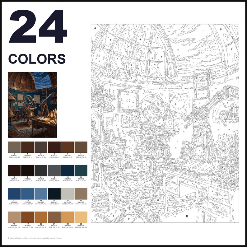 May include: A paint-by-numbers kit featuring a numbered line art template of an observatory study with a telescope and armillary sphere. The set includes a small color reference image and a palette of 24 numbered color swatches with RGB values.