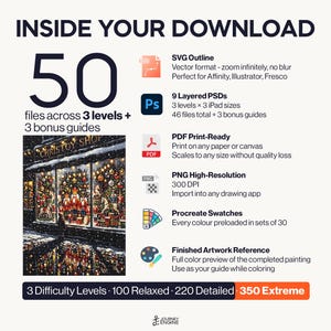 May include: A digital download information graphic titled INSIDE YOUR DOWNLOAD featuring 50 files across 3 levels and 3 bonus guides. It lists SVG, PSD, PDF, PNG, and Procreate formats with a preview of a snowy toy shop painting and difficulty levels.
