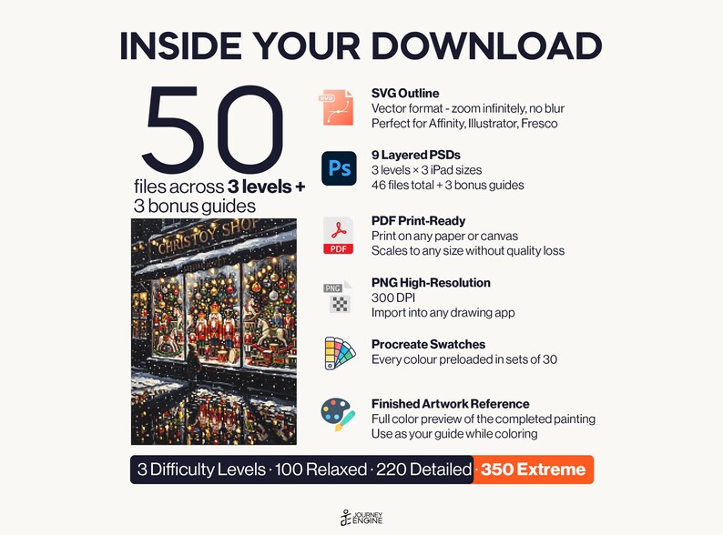 May include: A digital download information graphic titled INSIDE YOUR DOWNLOAD featuring 50 files across 3 levels and 3 bonus guides. It lists SVG, PSD, PDF, PNG, and Procreate formats with a preview of a snowy toy shop painting and difficulty levels.