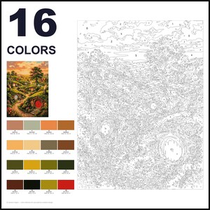 May include: A paint-by-numbers kit featuring a landscape with round-door dwellings, a large tree, and a sunset sky. The set includes a numbered outline canvas, a small color reference image, and a palette of 16 distinct color swatches with RGB codes.