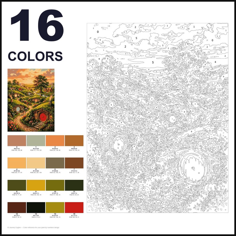 May include: A paint-by-numbers kit featuring a landscape with round-door dwellings, a large tree, and a sunset sky. The set includes a numbered outline canvas, a small color reference image, and a palette of 16 distinct color swatches with RGB codes.