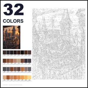 May include: A paint-by-numbers kit featuring a large, intricate line drawing of a castle with a dragon perched on a tower. The set includes a small color reference image, a numbered color palette with 32 distinct shades, and a large numbered canvas.