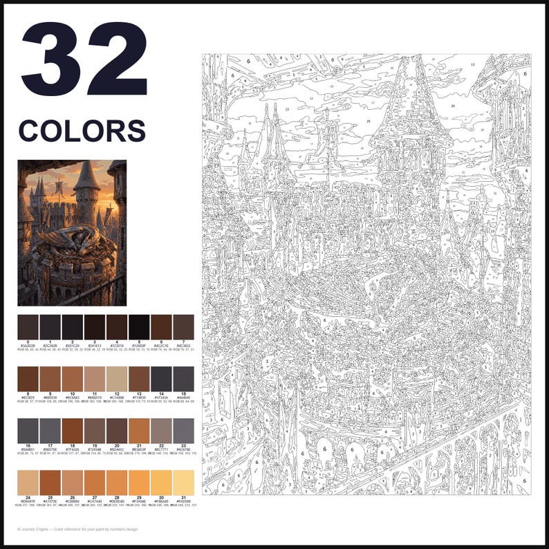 May include: A paint-by-numbers kit featuring a large, intricate line drawing of a castle with a dragon perched on a tower. The set includes a small color reference image, a numbered color palette with 32 distinct shades, and a large numbered canvas.