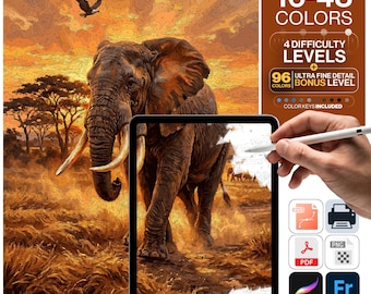 Elephant Paint by Numbers Digital | 5 Levels 16-96 Colors | Svg Pdf Png Procreate | African Elephant Savanna Sunset Printable Wall Art