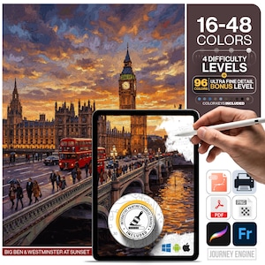 London Malen nach Zahlen Digital | 4 Farbstufen 16-48 Farben | SVG PDF PNG | Big Ben Tower Bridge England Wandkunst