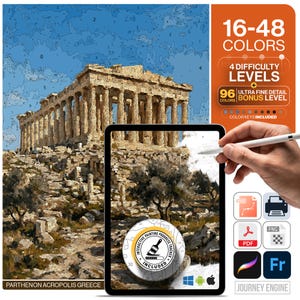 May include: A digital paint-by-number kit featuring the Parthenon in Greece. The image displays a tablet screen showing the painting process, with text indicating 16-48 colors, 4 difficulty levels, and a 96-color bonus level. Icons for SVG, PDF, PNG, and software compatibility are visible.