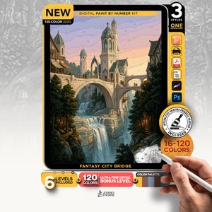 May include: A digital paint by number kit titled Fantasy City Bridge featuring a castle with towers and a stone bridge over a waterfall. The kit includes 120 colors, 3 styles, 6 levels, and an interactive painting progress tracker for digital use.