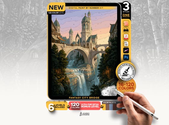 Fantasy City Bridge paint by numbers digital kit, Elven Waterfall Castle Art