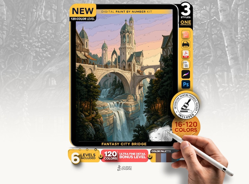May include: A digital paint by number kit titled Fantasy City Bridge featuring a castle with towers and a stone bridge over a waterfall. The kit includes 120 colors, 3 styles, 6 levels, and an interactive painting progress tracker for digital use.