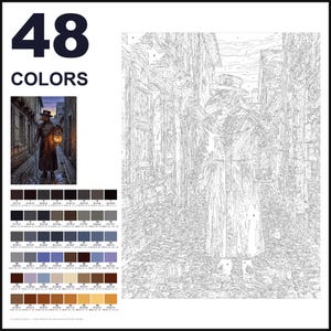 May include: A paint-by-numbers kit featuring 48 colors and a line art template of a plague doctor in a cobblestone alleyway holding a lantern. The kit includes a small color reference image and a numbered grid for painting the detailed scene.