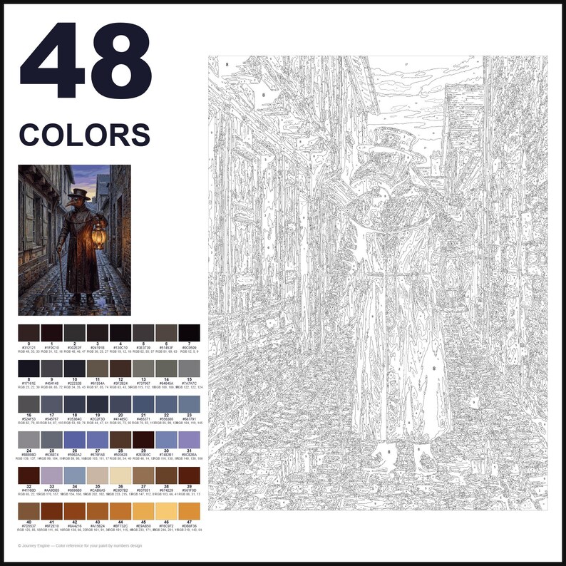 May include: A paint-by-numbers kit featuring 48 colors and a line art template of a plague doctor in a cobblestone alleyway holding a lantern. The kit includes a small color reference image and a numbered grid for painting the detailed scene.