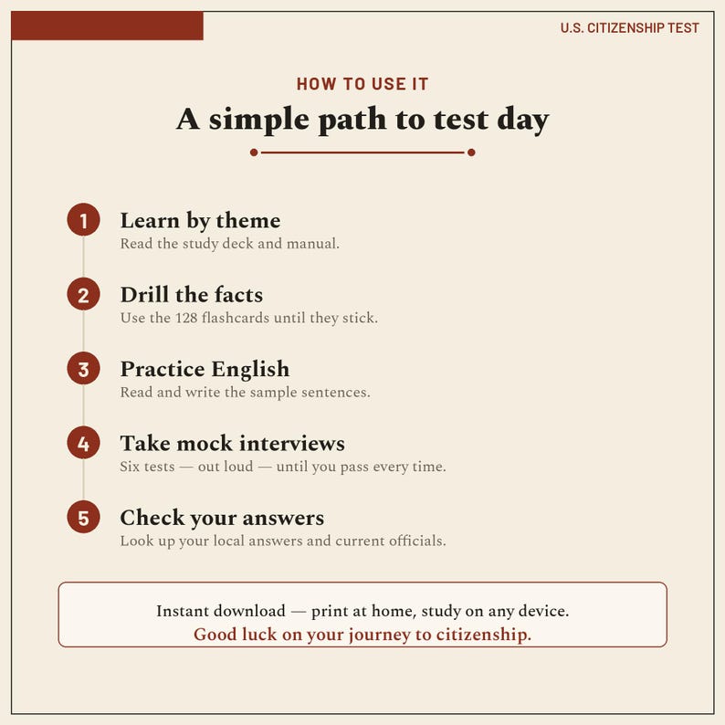 US Citizenship test study guide pages showing simplified civics questions for senior applicants