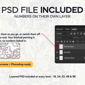 May include: A digital graphic displaying PSD FILE INCLUDED, NUMBERS ON THEIR OWN LAYER, and Procreate + Photoshop ready. It features a layer panel showing Red Numbers, Numbers, and Coloring faces, with a small inset showing numbered segments.