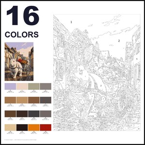 May include: A paint-by-number kit featuring 16 colors and a numbered outline of a rabbit pulling a cart filled with flowers on a cobblestone street. The kit includes a small color reference image and a grid of 16 distinct paint color swatches.