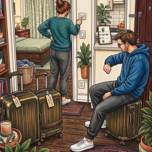 May include: An illustration of two olive green hard-shell suitcases with luggage tags, one sitting on the floor and one serving as a seat for a person wearing a blue hoodie and gray sweatpants, while another person in a green sweater stands nearby.