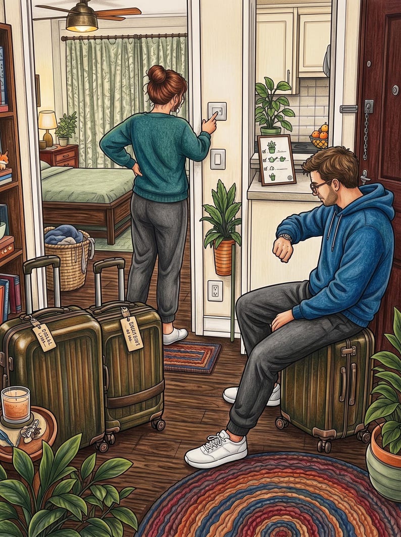 May include: An illustration of two olive green hard-shell suitcases with luggage tags, one sitting on the floor and one serving as a seat for a person wearing a blue hoodie and gray sweatpants, while another person in a green sweater stands nearby.