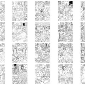May include: A collection of twenty black and white line art illustrations depicting various indoor scenes, including bedrooms, living rooms, and daily activities. Each panel features detailed furniture, household items, and figures in domestic settings.