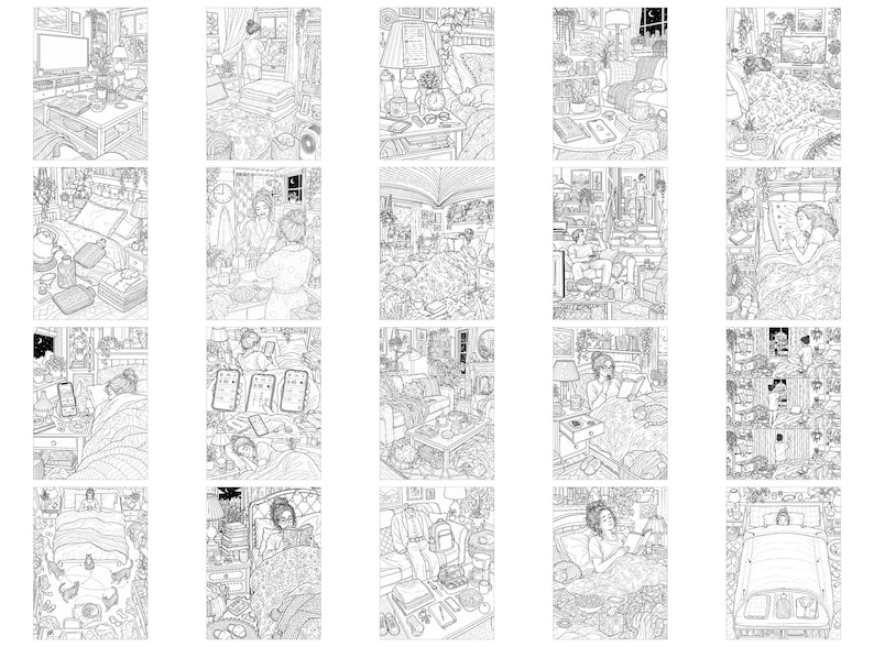 May include: A collection of twenty black and white line art illustrations depicting various indoor scenes, including bedrooms, living rooms, and daily activities. Each panel features detailed furniture, household items, and figures in domestic settings.