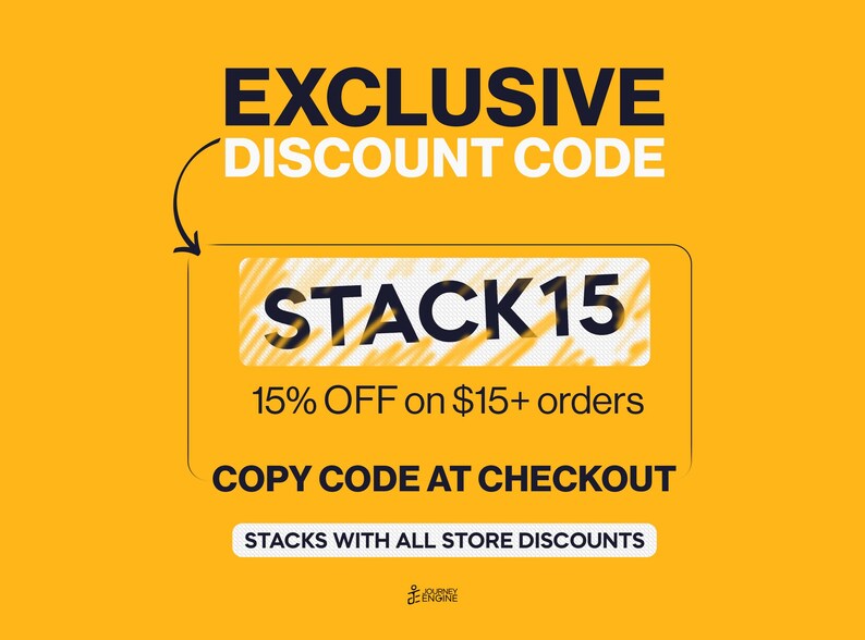 May include: A yellow promotional graphic featuring the text EXCLUSIVE DISCOUNT CODE and STACK15. It specifies 15% OFF on $15+ orders, instructs to COPY CODE AT CHECKOUT, and notes STACKS WITH ALL STORE DISCOUNTS with a small logo at the bottom.