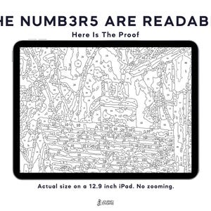 May include: A digital paint-by-number template displayed on a 12.9 inch iPad screen. The black and white line art features numerous numbered sections. Text at the top reads THE NUMB3R5 ARE READABLE Here Is The Proof, with a caption below stating the size.