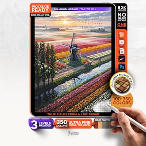May include: A digital diamond mosaic art file for Procreate featuring a landscape of tulip fields and a windmill at sunrise. The interface displays the text TULIP FIELDS FROM A LOW DRONE, 92K SQUARES, 350 ULTRA FINE COLORS, and 3D GLOSSY MOSAIC EFFECT.