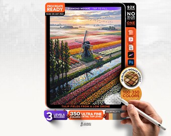 Digital Diamond Painting, Mystery Mosaic iPad, Tulip Fields from a Low Drone, Netherlands Procreate Art, 3 Levels, Instant Download