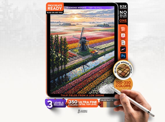 Tulip Fields digital diamond painting mystery mosaic for iPad, From a Low Drone, Netherlands