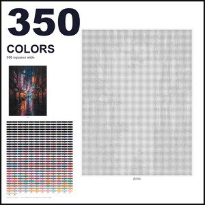 May include: A paint-by-numbers pattern featuring 350 colors and a 350 squares wide grid. The layout includes a small reference image of a dark city street at night with neon lights, a large white grid, and a comprehensive color key chart below.