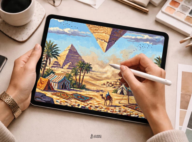 May include: A digital tablet displaying a pixel art illustration of an Egyptian desert landscape featuring pyramids, palm trees, tents, and a camel under a blue sky. The screen shows a vibrant scene with golden sand and geometric structures.