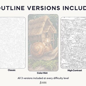 May include: Three paint-by-number templates labeled 3 OUTLINE VERSIONS INCLUDED. The left is a Classic outline, the center is a Color Hint version showing a snail with a house shell and lantern, and the right is a High Contrast outline.