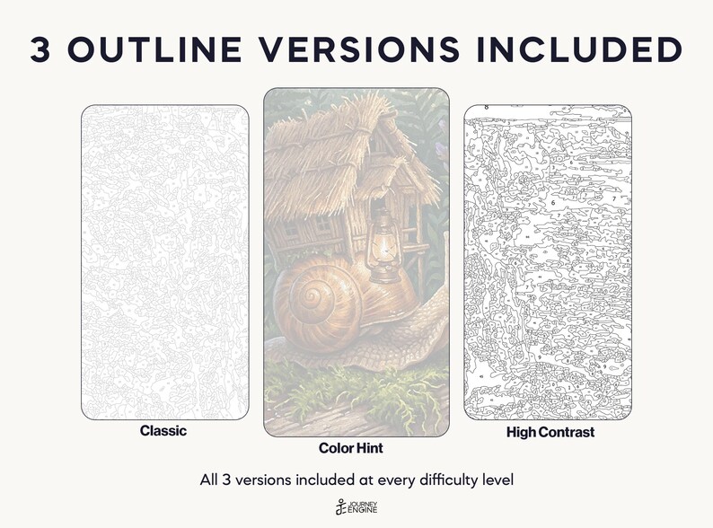 May include: Three paint-by-number templates labeled 3 OUTLINE VERSIONS INCLUDED. The left is a Classic outline, the center is a Color Hint version showing a snail with a house shell and lantern, and the right is a High Contrast outline.