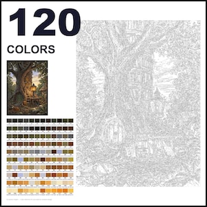 May include: A paint-by-numbers kit featuring 120 colors, a small color reference image of a tree house with a lantern, and a large outlined canvas depicting a detailed forest scene with a tree house, a round door, and a lantern.