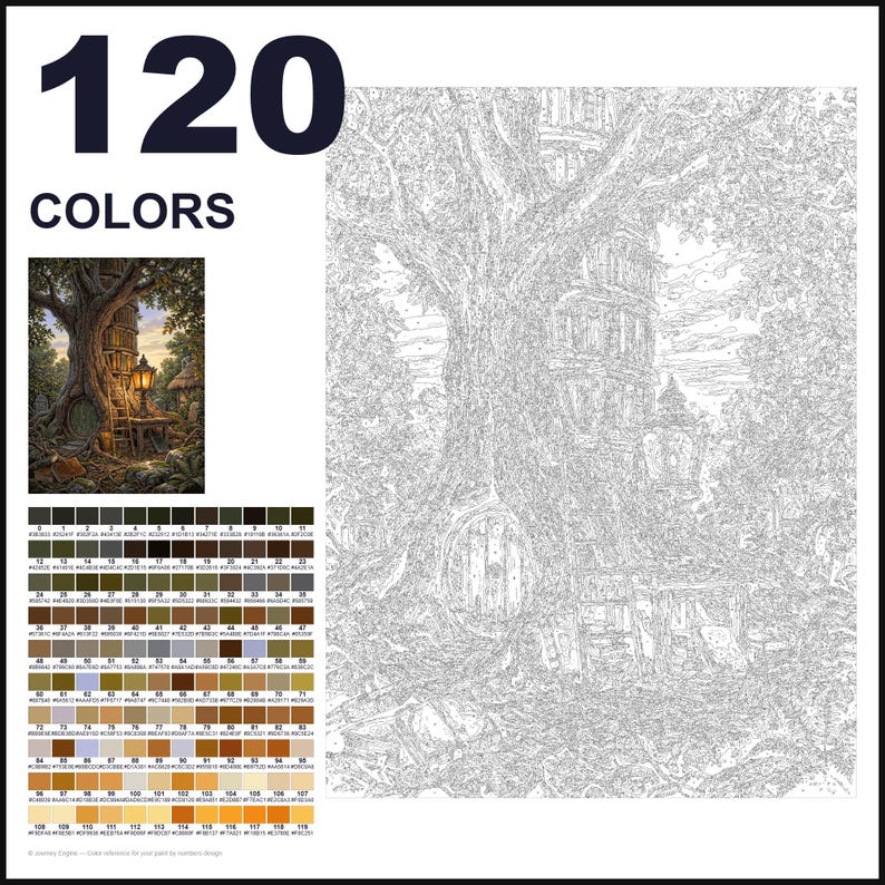 May include: A paint-by-numbers kit featuring 120 colors, a small color reference image of a tree house with a lantern, and a large outlined canvas depicting a detailed forest scene with a tree house, a round door, and a lantern.