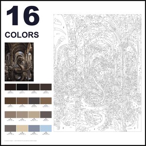 May include: A paint-by-numbers kit featuring a large, numbered outline of a snake in a stone chamber. The layout includes a small reference image of the finished scene, a palette of 16 color swatches with RGB codes, and the text 16 COLORS.
