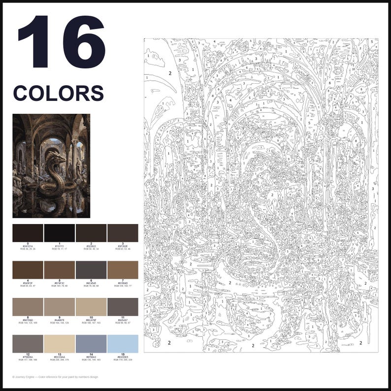 May include: A paint-by-numbers kit featuring a large, numbered outline of a snake in a stone chamber. The layout includes a small reference image of the finished scene, a palette of 16 color swatches with RGB codes, and the text 16 COLORS.