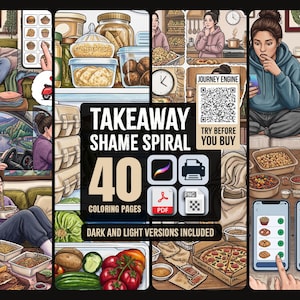 May include: A digital coloring book collection titled Takeaway Shame Spiral featuring 40 pages in dark and light versions. The cover displays various illustrations of a person in daily life, food containers, and smartphone food ordering interfaces.