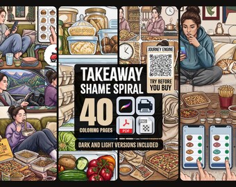 Takeaway Shame Spiral Coloring Book | Funny Dark Humor Adult Coloring Pages | 40 Food Delivery Scenes | Funny Gift | Printable Download