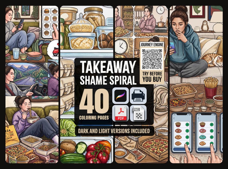 May include: A digital coloring book collection titled Takeaway Shame Spiral featuring 40 pages in dark and light versions. The cover displays various illustrations of a person in daily life, food containers, and smartphone food ordering interfaces.