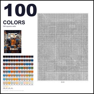 May include: A paint-by-numbers guide featuring the text 100 COLORS and 100 squares wide. It includes a small reference image of a bookstore interior, a grid of 100 numbered color swatches with hex codes, and a large grid filled with numbers.