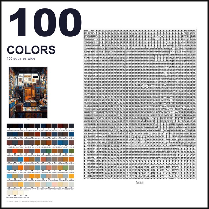 May include: A paint-by-numbers guide featuring the text 100 COLORS and 100 squares wide. It includes a small reference image of a bookstore interior, a grid of 100 numbered color swatches with hex codes, and a large grid filled with numbers.