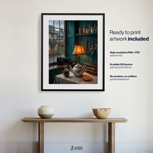 May include: A framed digital art print featuring a cozy interior scene with a black cat on a windowsill, a lit lamp, a teapot, and a mug on a table. Text on the right reads: Ready to print artwork included, High-resolution PNG + PDF sized for A3, Scalable SVG poster print up to 60x90 cm, No numbers, no outlines just the finished art.
