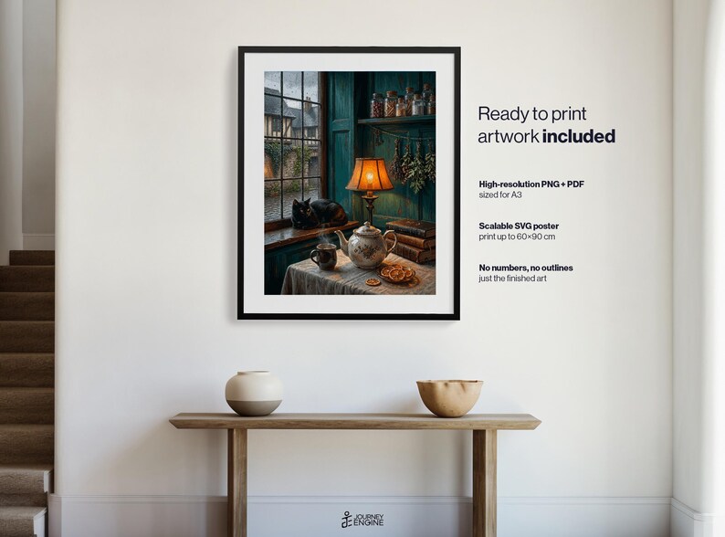 May include: A framed digital art print featuring a cozy interior scene with a black cat on a windowsill, a lit lamp, a teapot, and a mug on a table. Text on the right reads: Ready to print artwork included, High-resolution PNG + PDF sized for A3, Scalable SVG poster print up to 60x90 cm, No numbers, no outlines just the finished art.