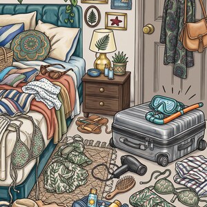 May include: A bedroom scene featuring a bed with a teal headboard, a nightstand with a lamp, and a suitcase on the floor. Scattered items include a snorkel mask, a hair dryer, a hairbrush, a blue toiletry bag, clothing, a straw hat, and sandals.