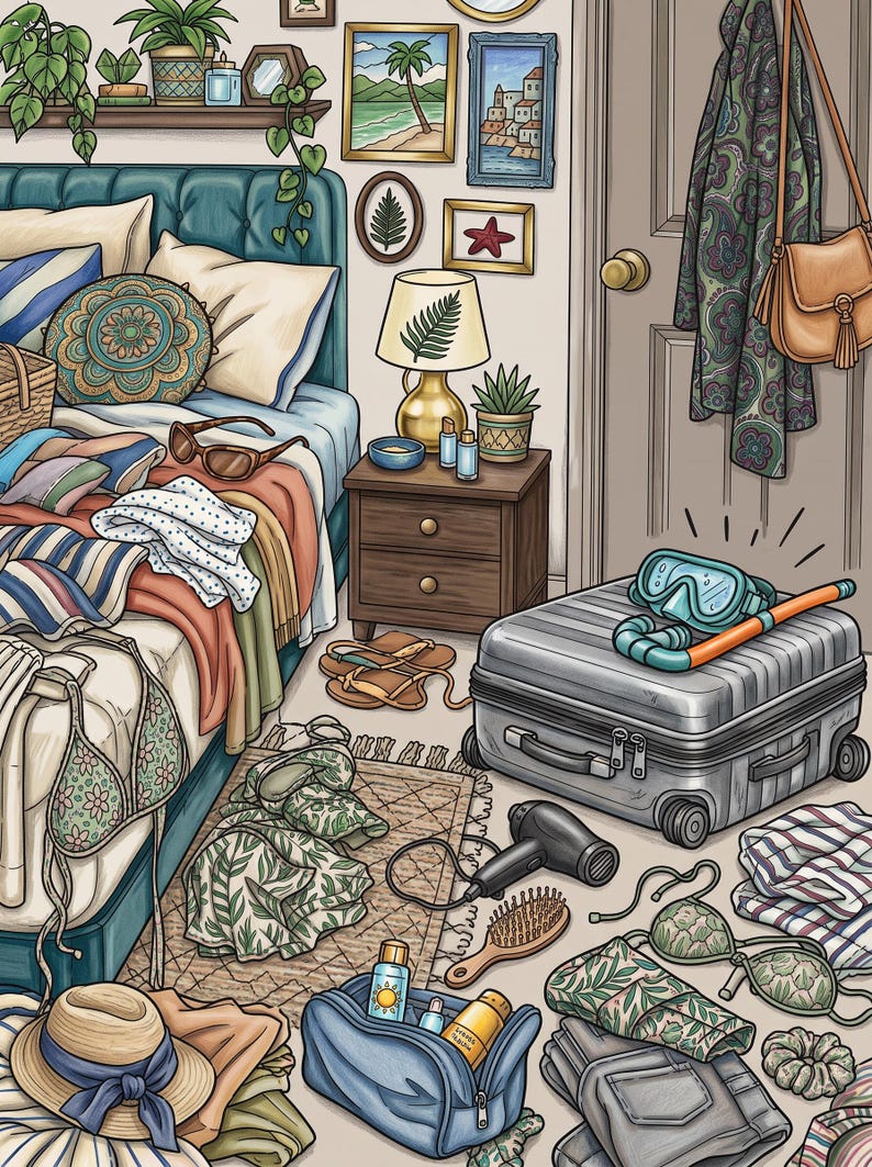 May include: A bedroom scene featuring a bed with a teal headboard, a nightstand with a lamp, and a suitcase on the floor. Scattered items include a snorkel mask, a hair dryer, a hairbrush, a blue toiletry bag, clothing, a straw hat, and sandals.