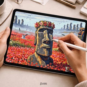 May include: A tablet displaying a pixel art illustration of a Moai statue wearing a floral crown, set against a field of red flowers and a distant cityscape. The digital artwork features a color palette of gray, red, and blue tones in a grid format.
