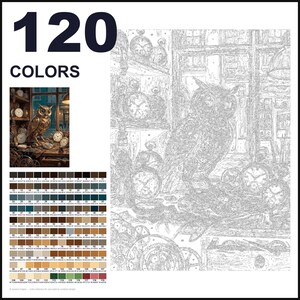 May include: A paint-by-numbers kit featuring 120 colors and a numbered outline of an owl surrounded by clocks. The set includes a small color reference image showing a finished owl in a clock shop, alongside a detailed grid of 120 color swatches.