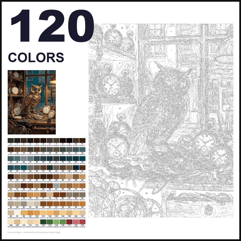 May include: A paint-by-numbers kit featuring 120 colors and a numbered outline of an owl surrounded by clocks. The set includes a small color reference image showing a finished owl in a clock shop, alongside a detailed grid of 120 color swatches.