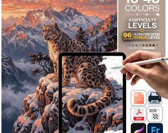 Snow Leopard Paint by Numbers Digital | 5 Levels 16-96 Colors | Svg Pdf Png Procreate | Himalayan Snow Leopard Sunset Printable Wall Art